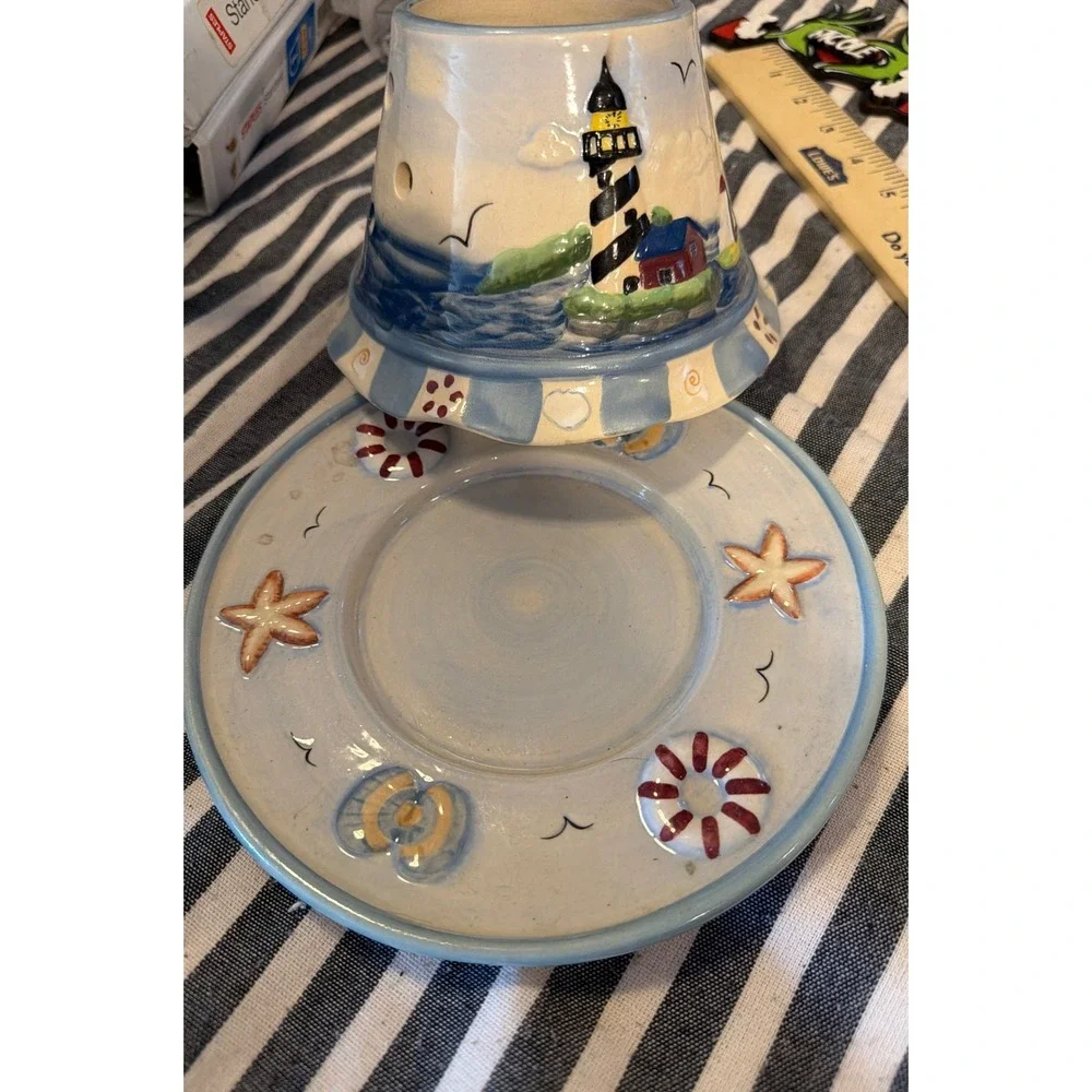 Nautical Ceramic Lighthouse Candle Warmer Set Coastal Beach Starfish Blue White